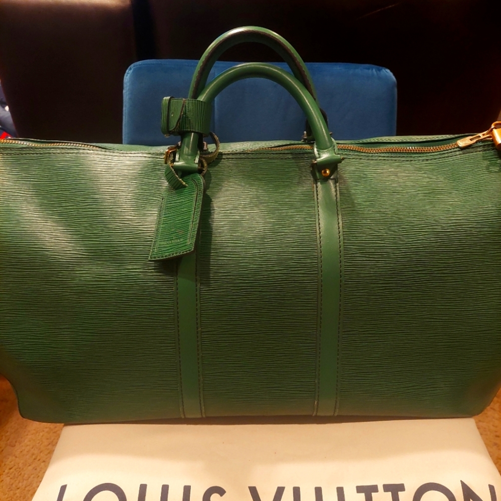 Louis Vuitton Epi Green Keepall 55 w/ Poignant, Luggage Tag, Lock/Key & Dustbag